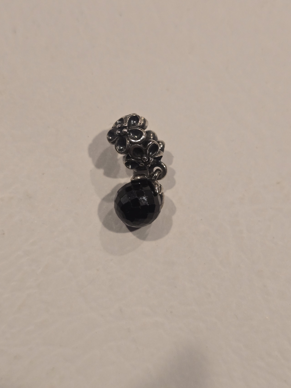 Pandora Silver Floral Bail with Faceted Black Bead Charm